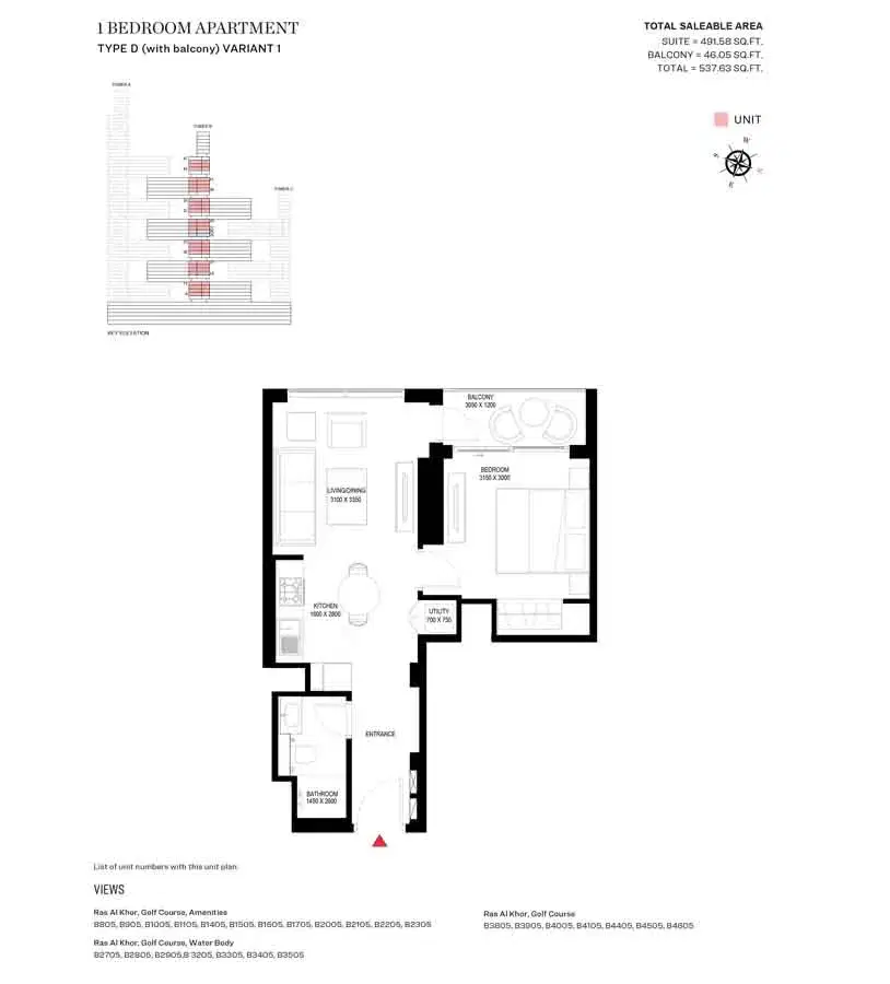 Sobha One & Sobha Hartland 2 Dubai 1 BR Floor Plan 537 Sq. Ft.