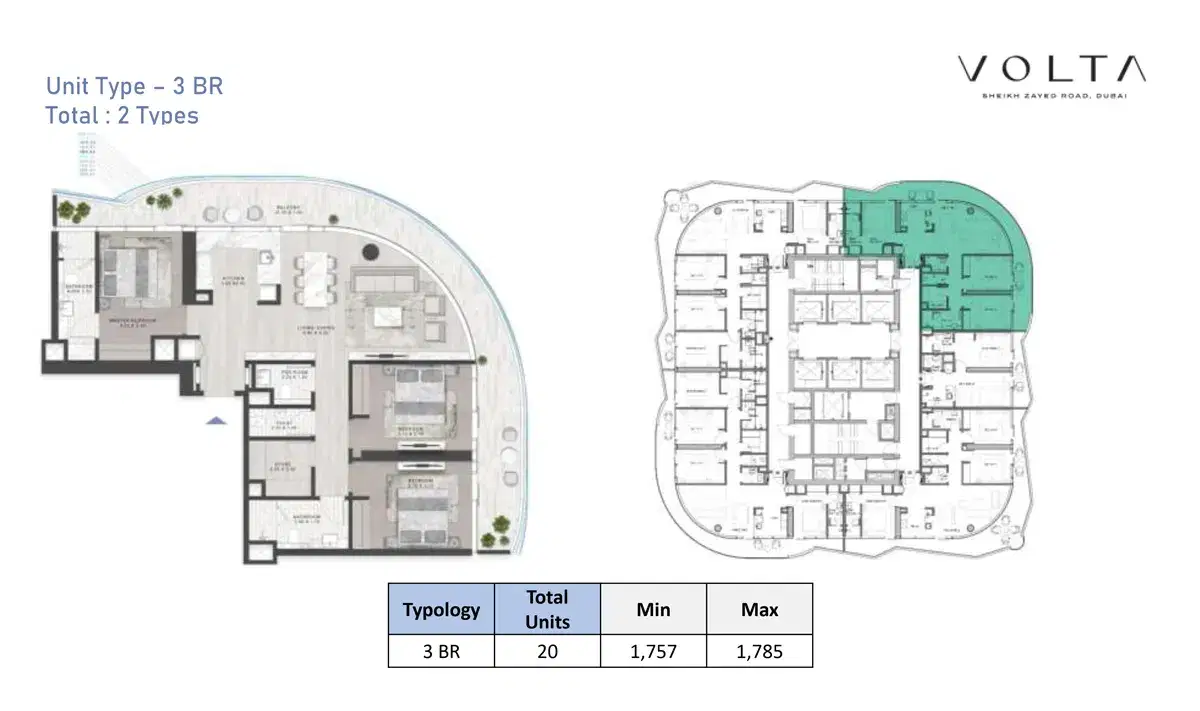 DAMAC Volta Dubai 3 BR Floor Plan 1,785 Sq. Ft.