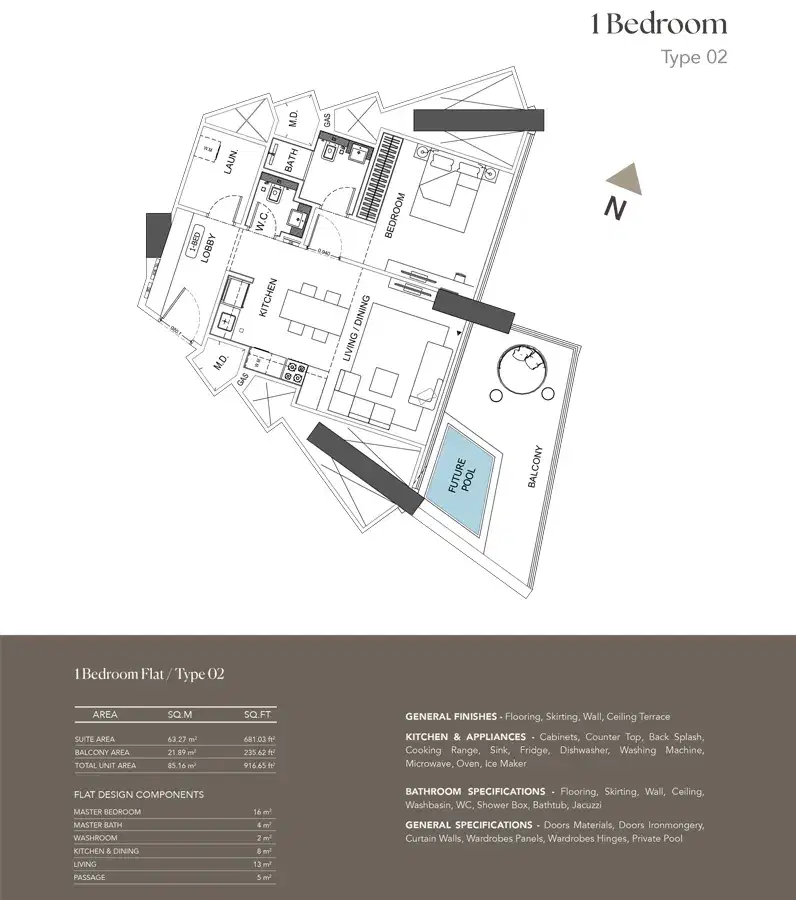 Binghatti Phantom Dubai 1 BR Floor Plan 916 Sq. Ft.