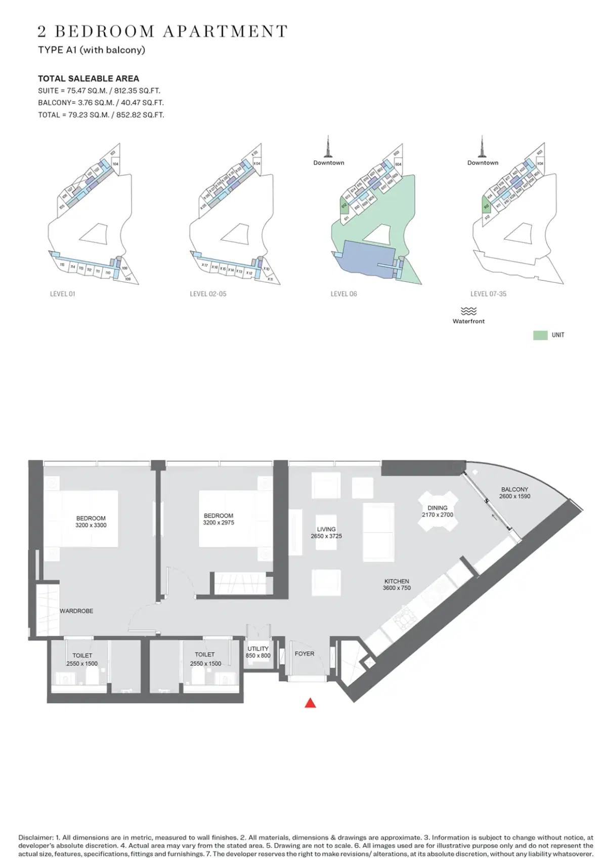 SOBHA Hartland Waves Dubai 2 BR Floor Plan 852 Sq. Ft.