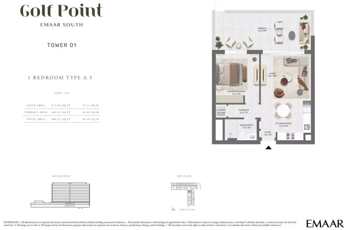 Emaar Golf Point Dubai 1 BR Floor Plan 906 Sq. Ft.