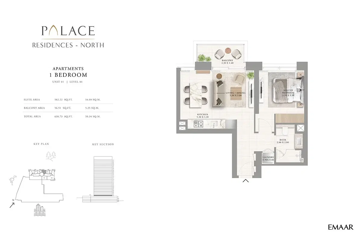 Emaar Palace Residences North 1 Bedroom Apartments Floor Plan
