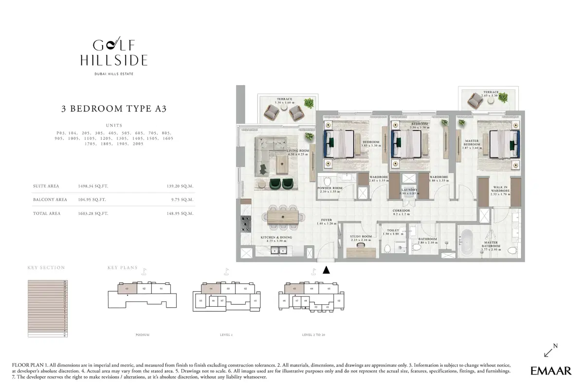 Emaar Golf Hillside In Dubai Hills Estate 3 BR Apartment Floor Plan