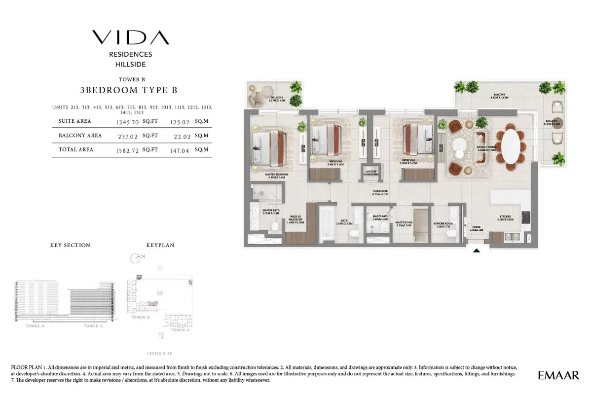 Emaar Vida Residences Hillside At Dubai Hills Estate 3 Bedroom-1 Floor Plan