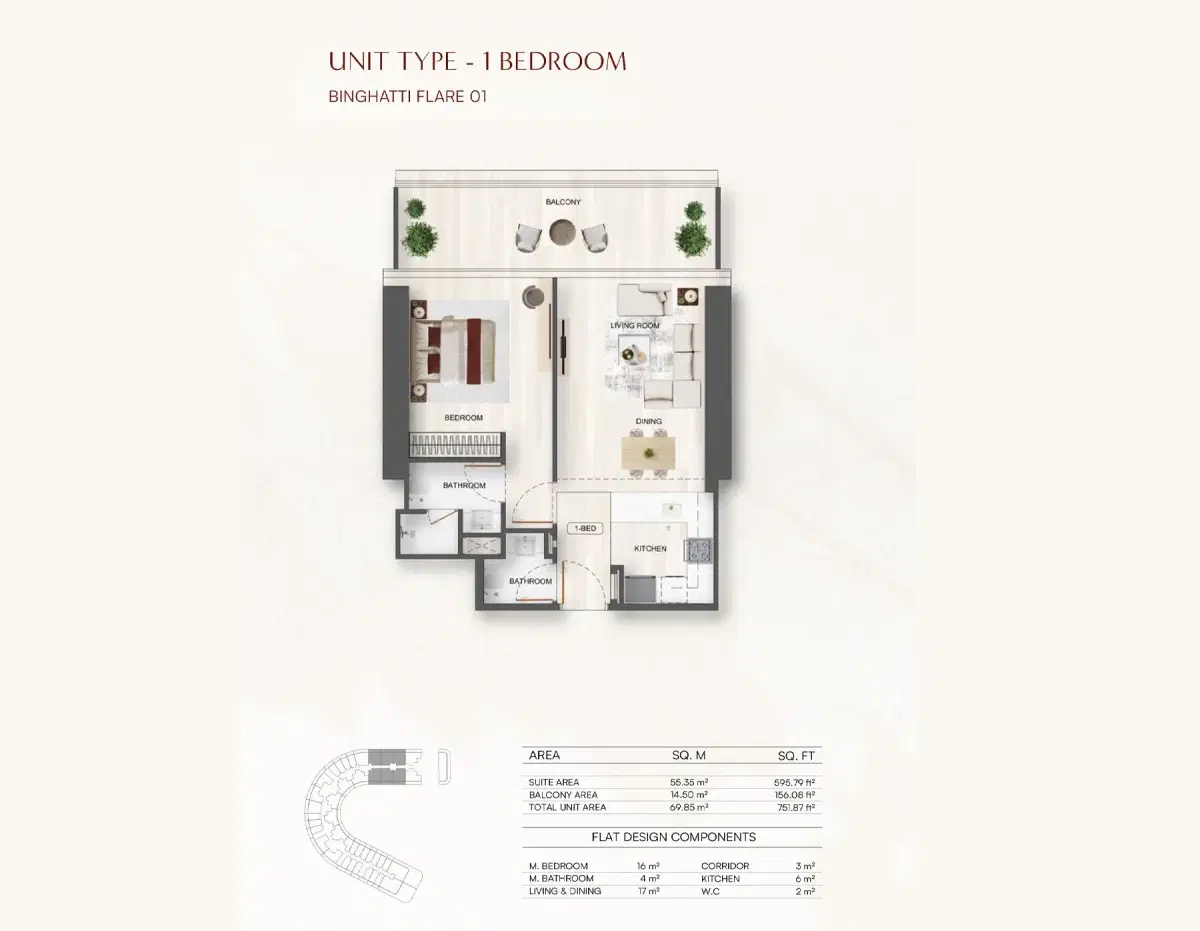 Binghatti Flare at Jumeirah Village Triangle 1 BR Floor Plan 751 Sq. Ft.