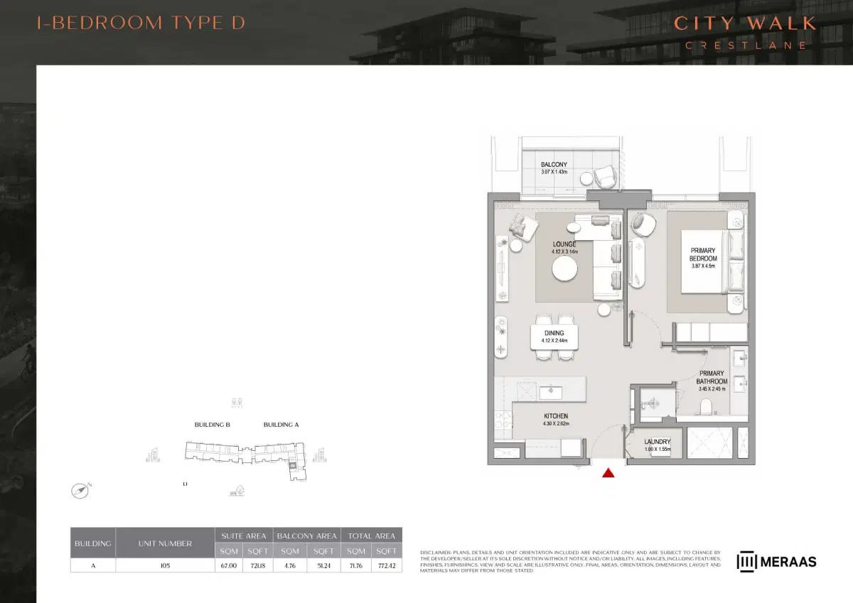 Meraas City Walk Crestlane at City Walk Dubai 1 Bedroom Apartments Floor Plan