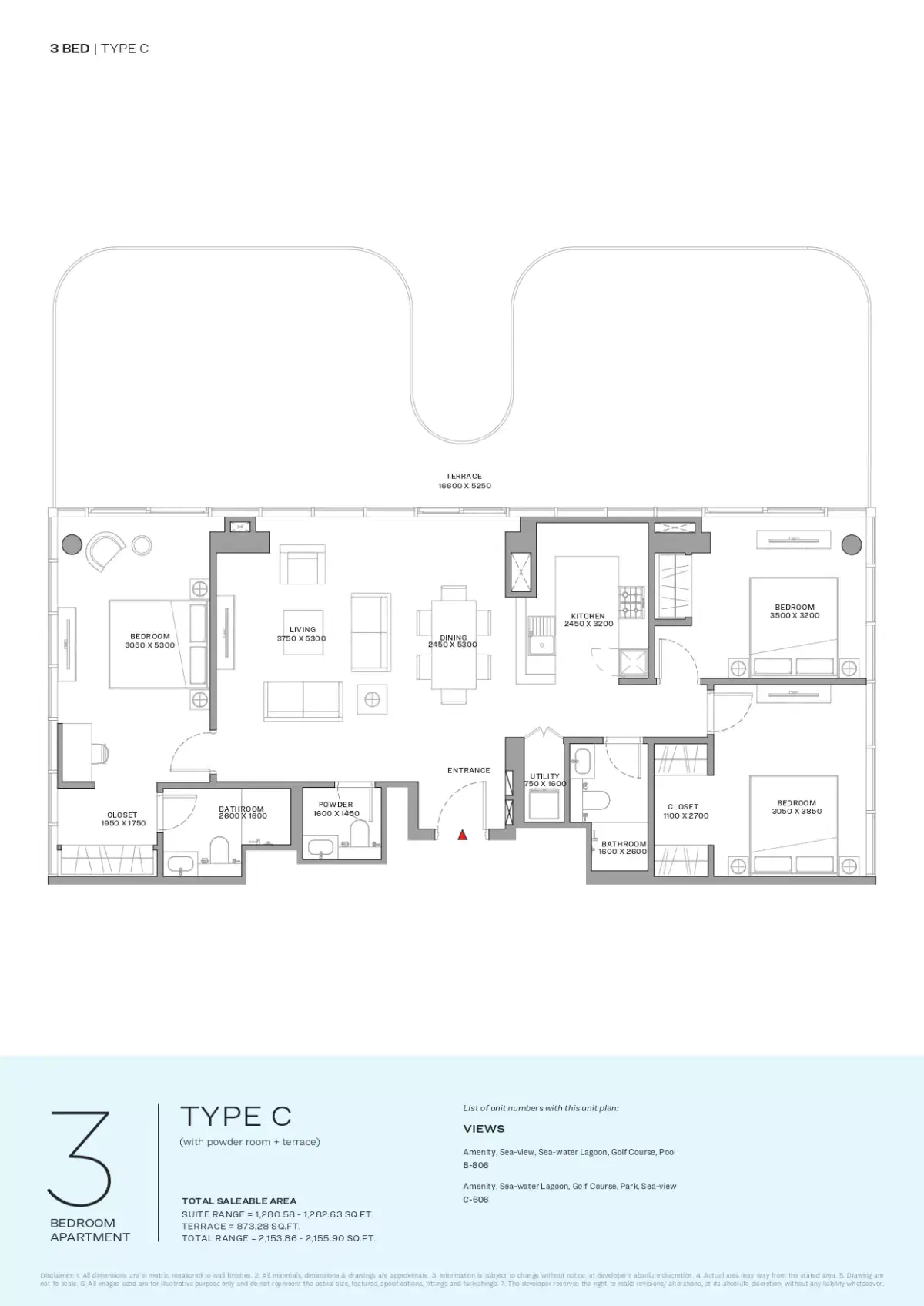 Sobha Coraline Beach Residences On Siniya Island 3 Bedroom Apartments Floor Plan