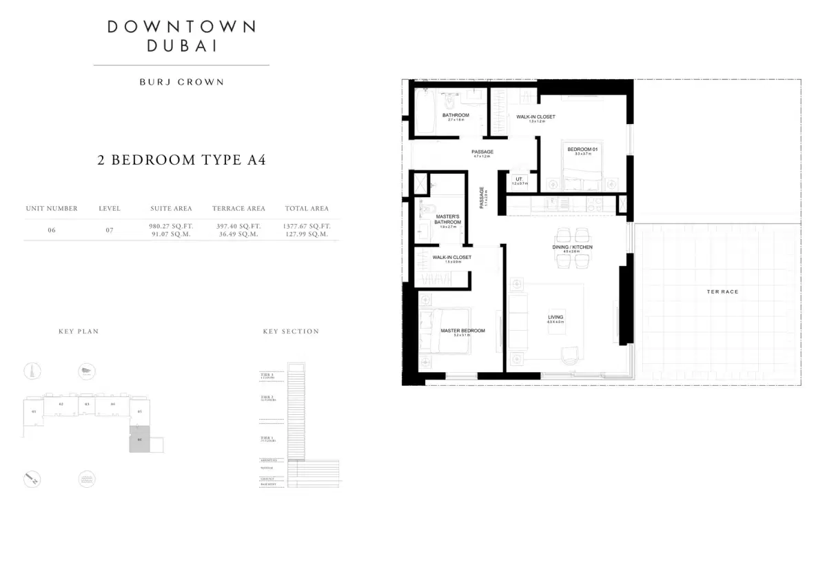 EMAAR Burj Crown Dubai 2 BR Floor Plan 1,377 Sq. Ft.