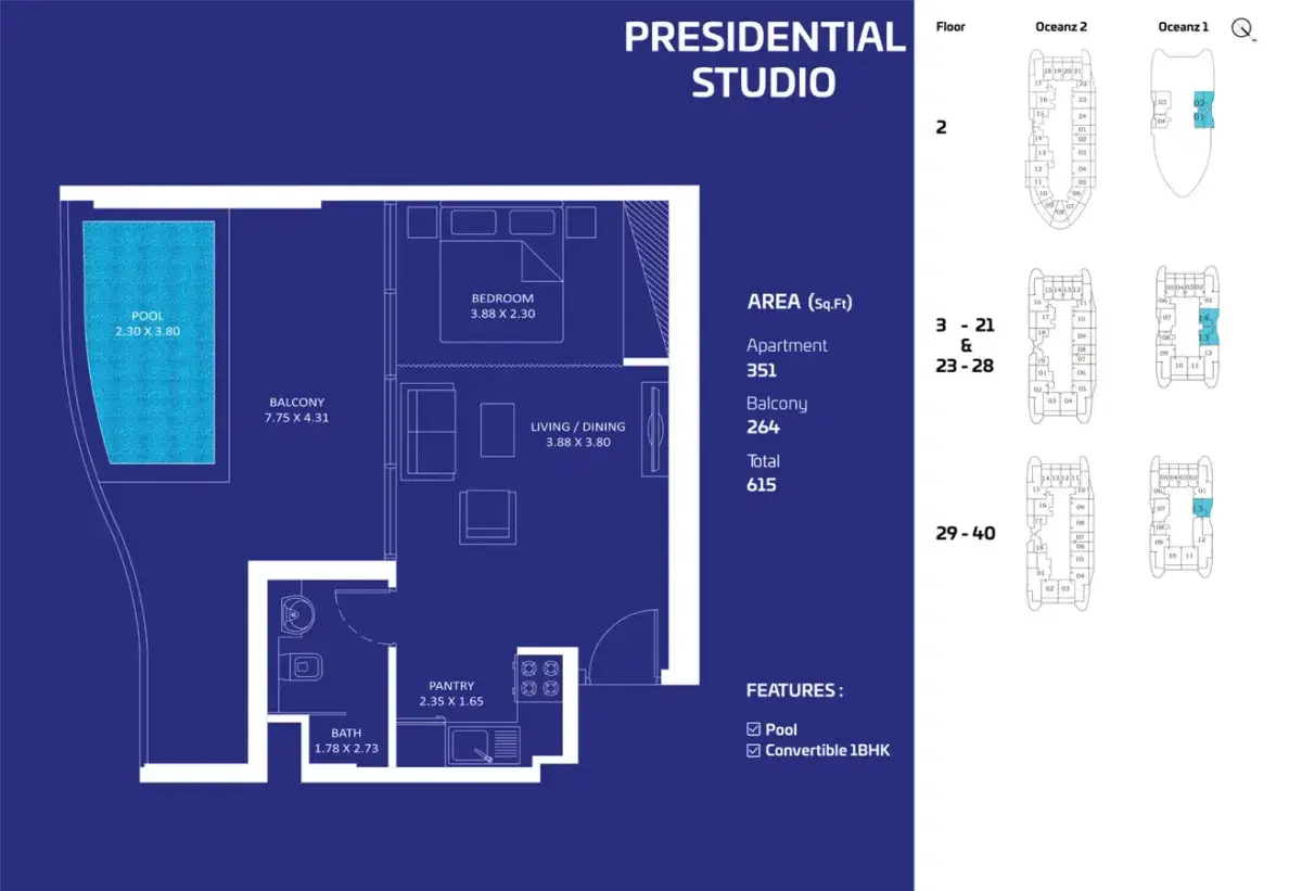 Oceanz by Danube Dubai Studios Floor Plan 615 Sq. Ft.
