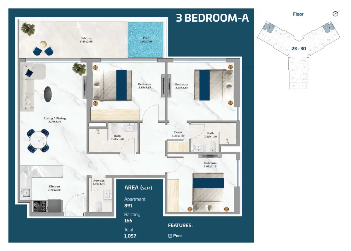 3 BR Floor Plan 1,057 Sq. Ft.