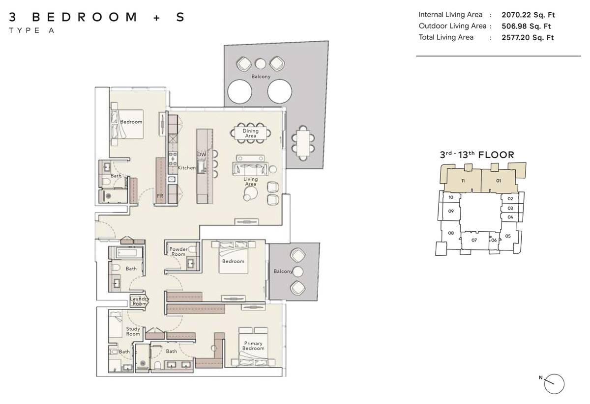 Mercer House Uptown Dubai By Ellington 3 Bedroom Apartment Floor Plan
