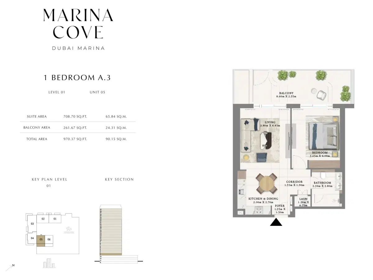 Emaar Marina Cove Dubai 1 BR Floor Plan 970 Sq. Ft.