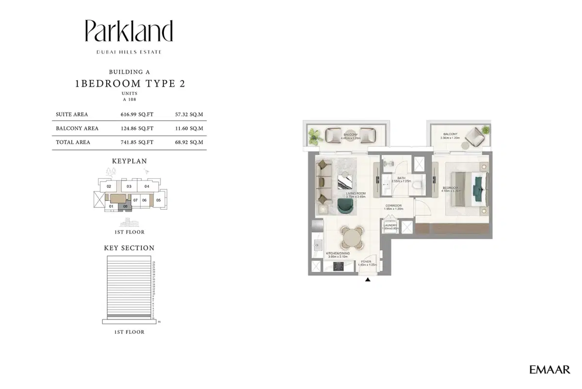 EMAAR Parkland Dubai 1 BR Floor Plan 742 Sq. Ft.