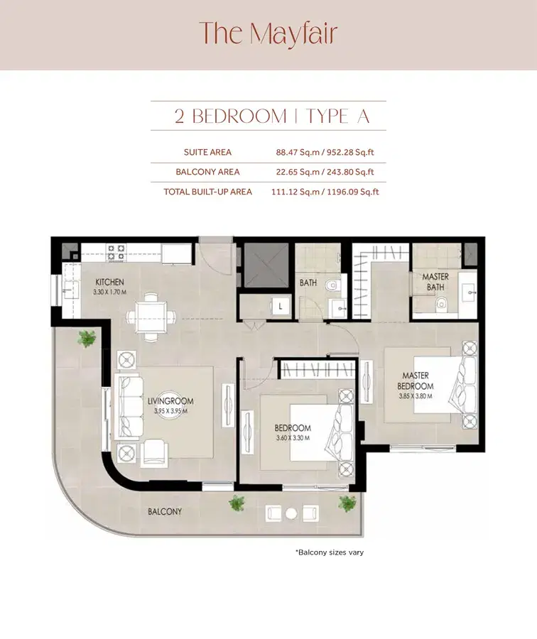 Nshama The Mayfair Dubai 2 BR Floor Plan 1,196 Sq. Ft.