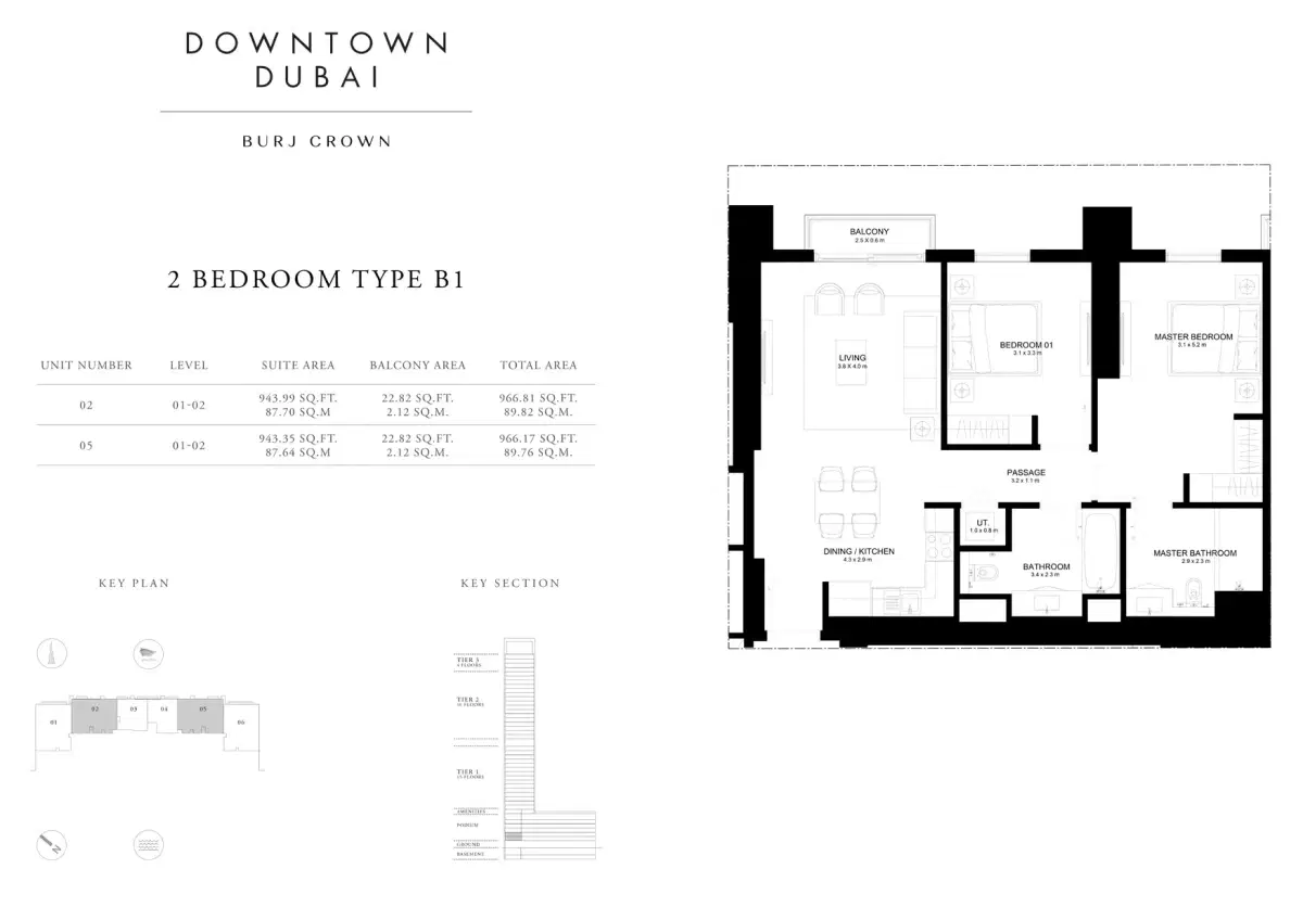 EMAAR Burj Crown Dubai 2 BR Floor Plan 966 Sq. Ft.