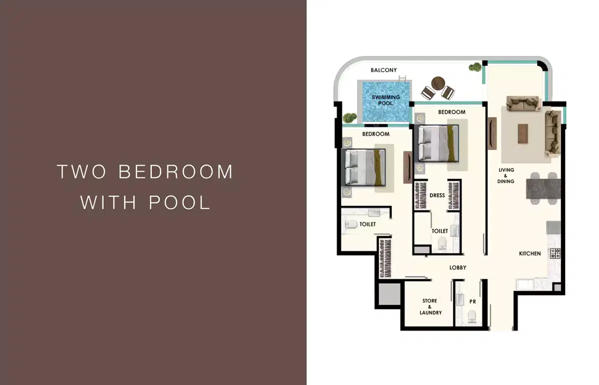 Samana Rome At Meydan Dubai 2 Bedroom + Pool Floor Plan