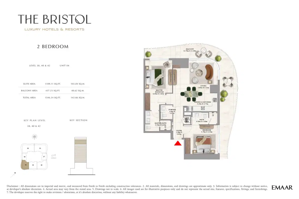 Emaar The Bristol Apartments 2 BR Floor Plan 1,546 Sq. Ft.