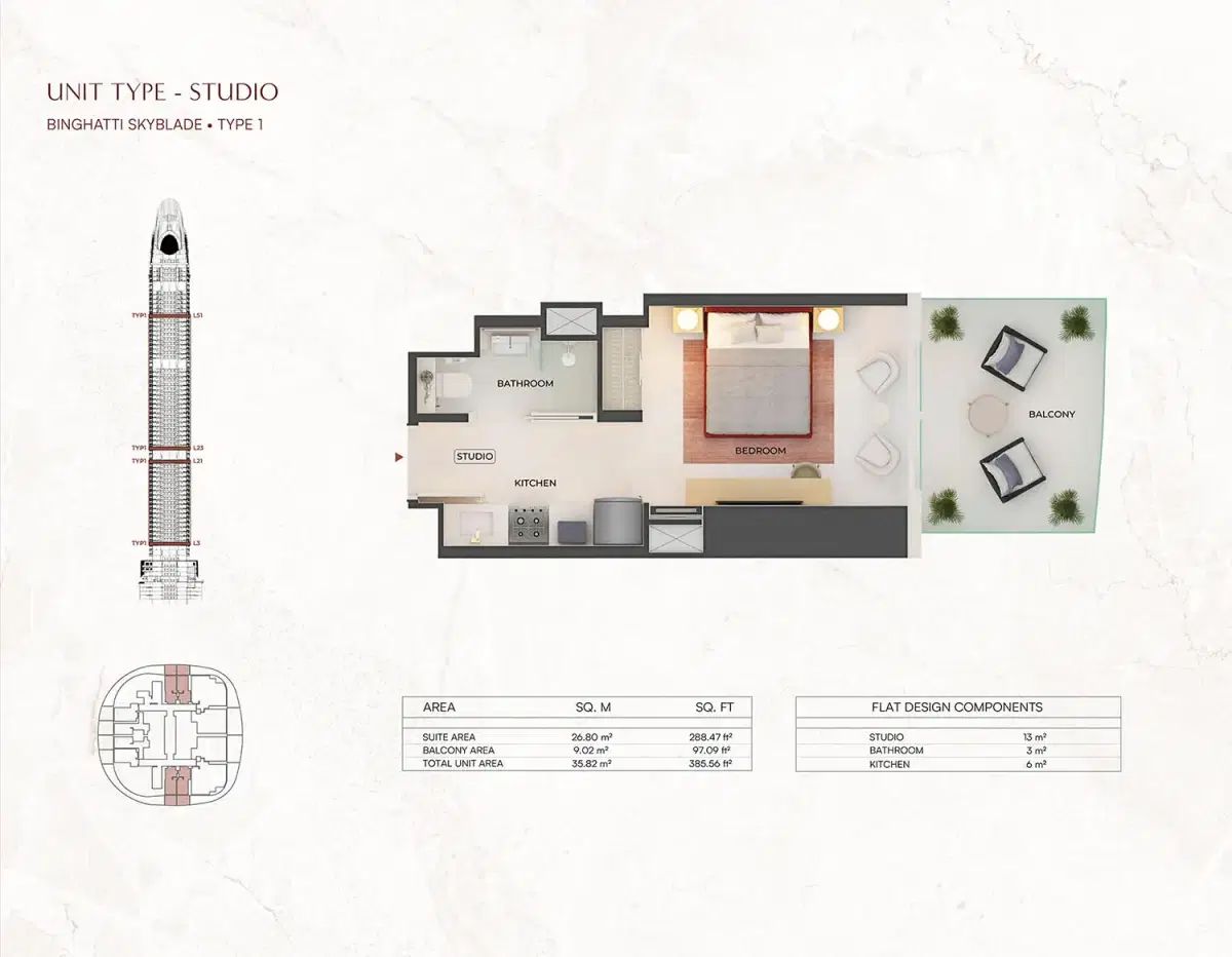 Skyblade at Downtown Dubai Studios Floor Plan 385 Sq. Ft.
