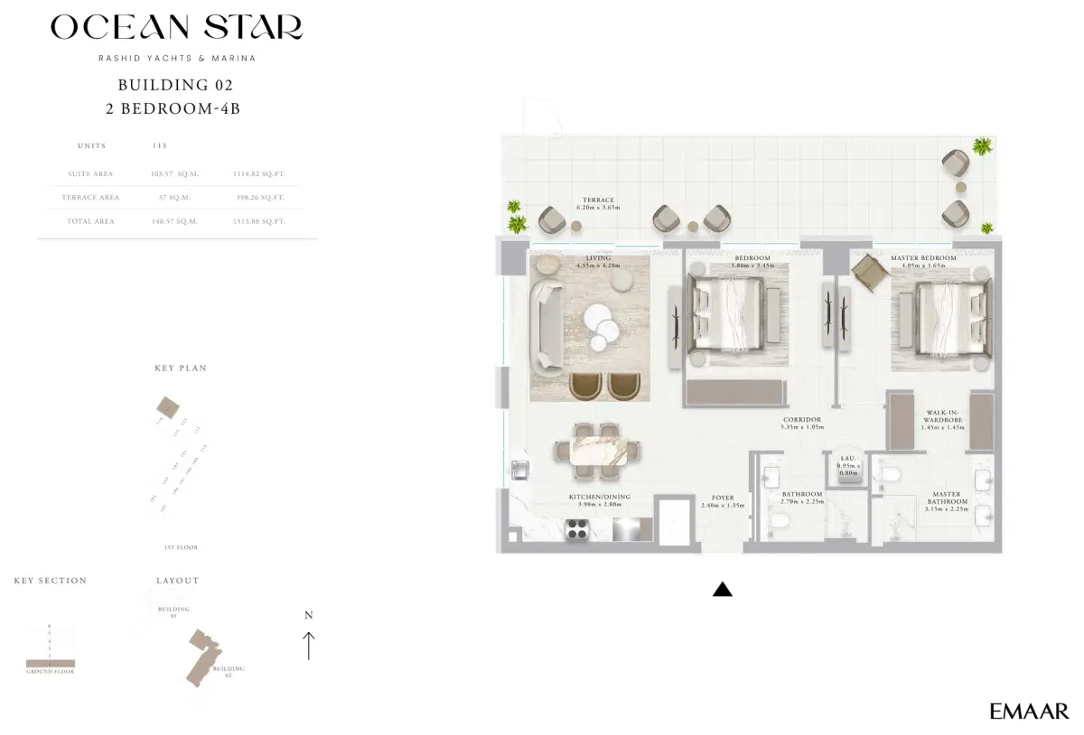 Emaar Ocean Star Dubai 2 BR Floor Plan 1,513 sq. Ft.