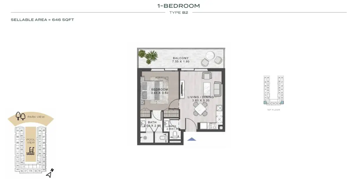 Damac Elo 3 Dubai 1 BR Floor Plan 646 Sq. Ft.