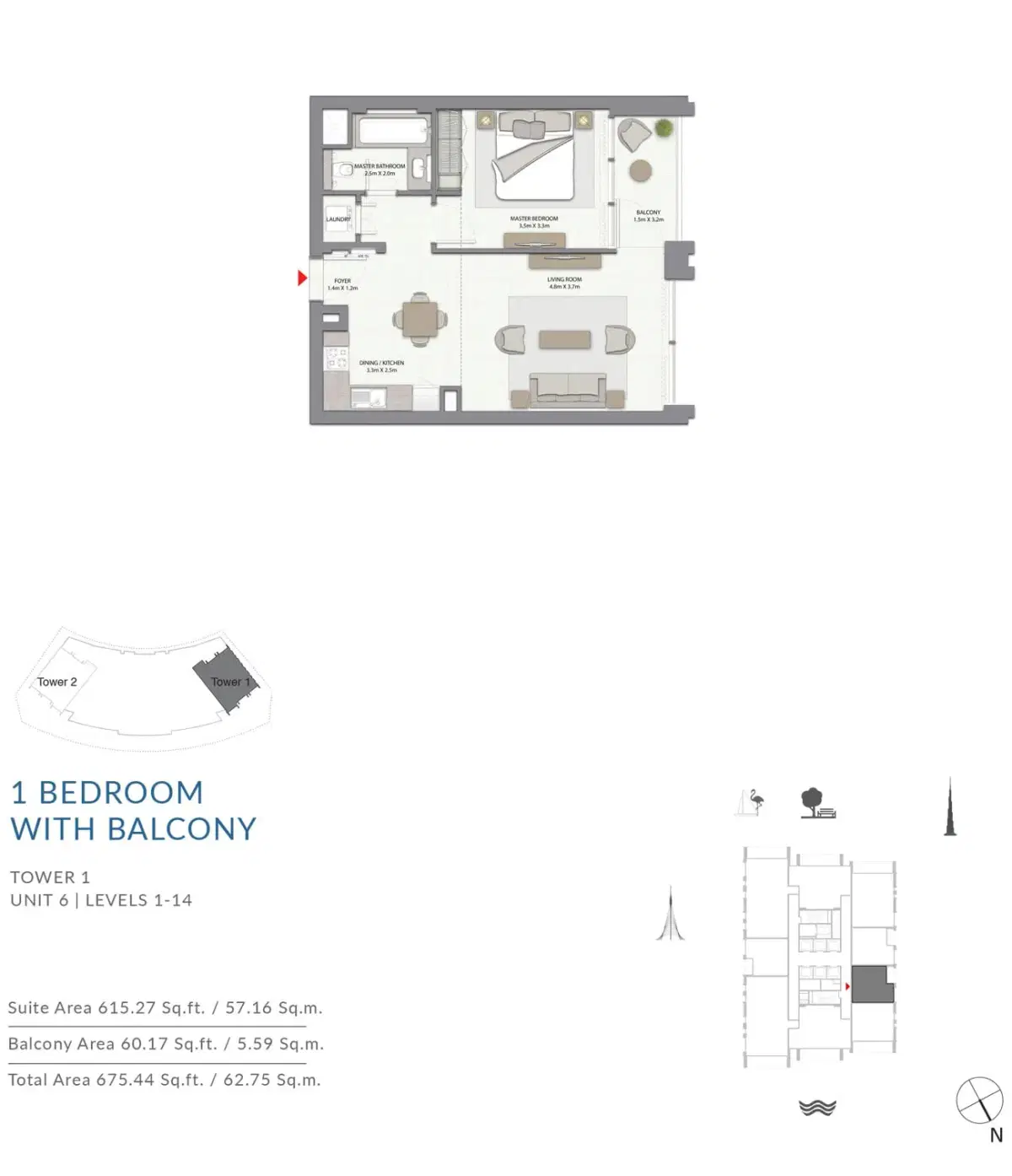 EMAAR Harbour Gate Dubai 1 BR Floor Plan 675 Sq. Ft.