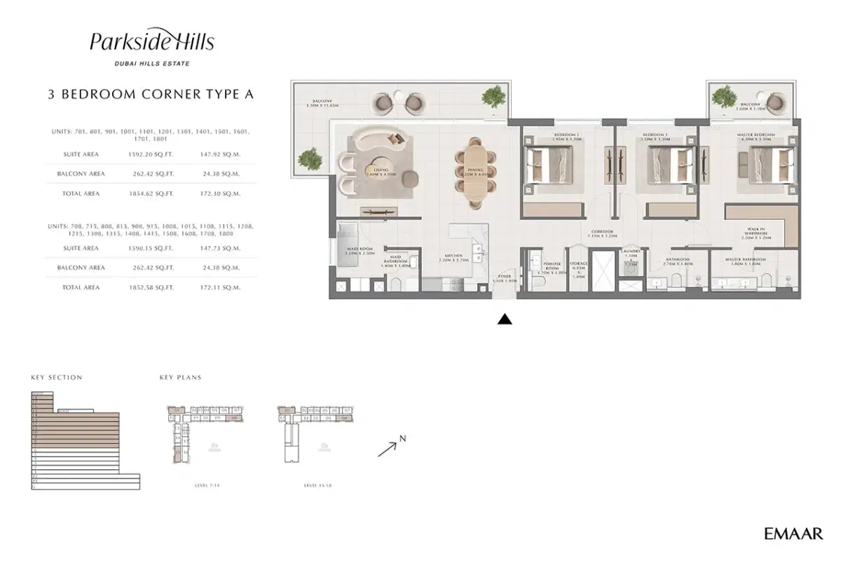 EMAAR Parkside Hills Dubai 3 BR Floor Plan 1,854 Sq. Ft.