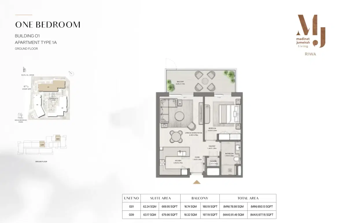 Meraas Riwa Dubai 1 BR Floor Plan 877 Sq. Ft.