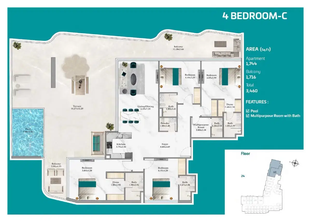 Breez By Danube Dubai Maritime City 4 BR Apartment Floor Plan