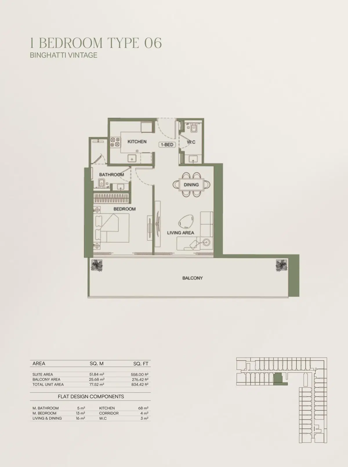 Vintage by Binghatti 1 BR Floor Plan 834 Sq. Ft.