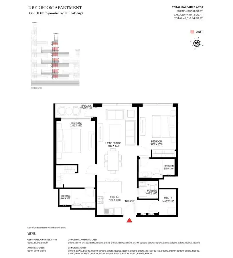 Sobha One & Sobha Hartland 2 Dubai 2 BR Floor Plan 1,016 Sq. Ft.