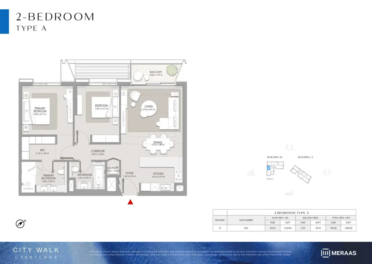 Meraas City Walk Crestlane 5 2 BR Apartment Floor Plan