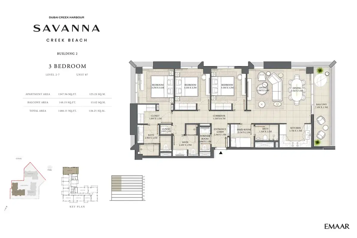 EMAAR Savanna Apartments 3 BR Floor Plan 1,488 Sq. Ft.
