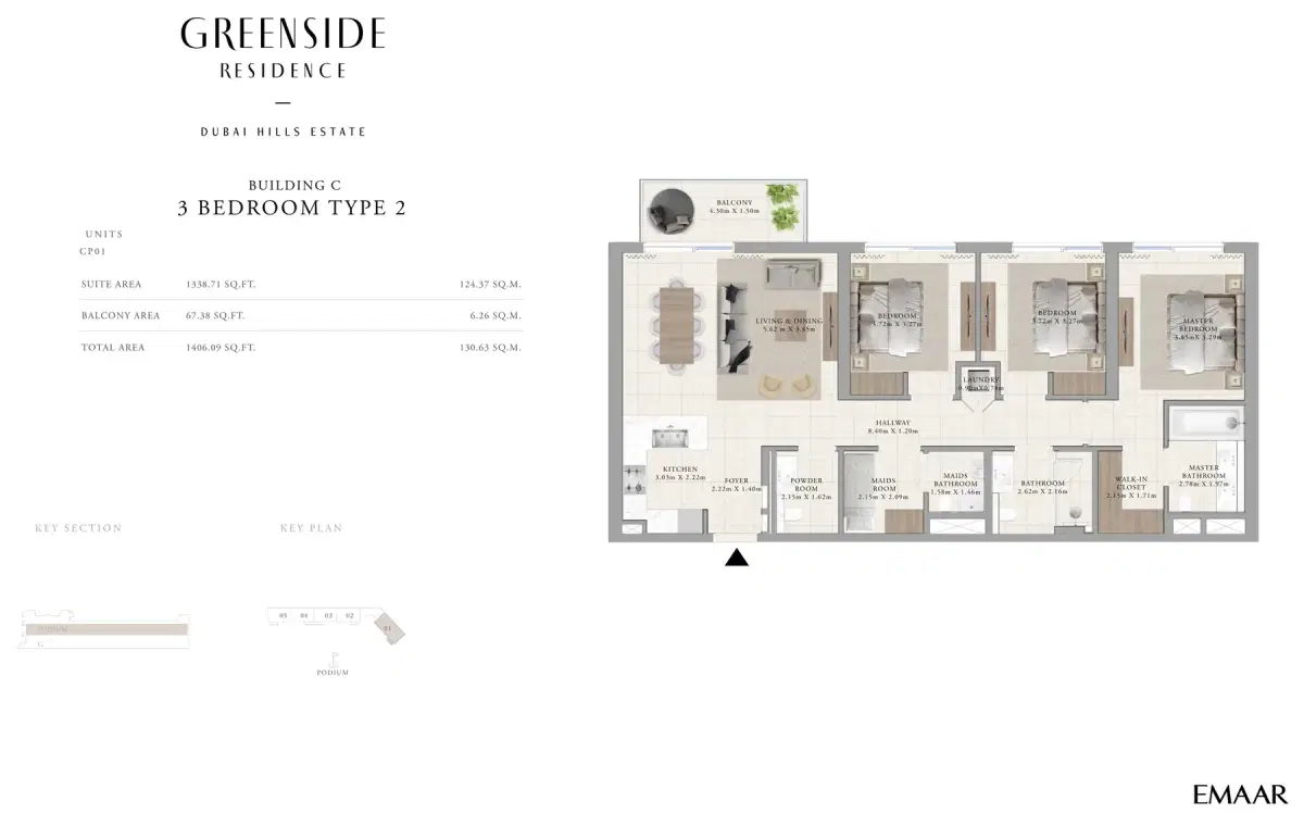 EMAAR Greenside Residence Dubai 3BR Floor Plan 1,406 Sq. Ft.