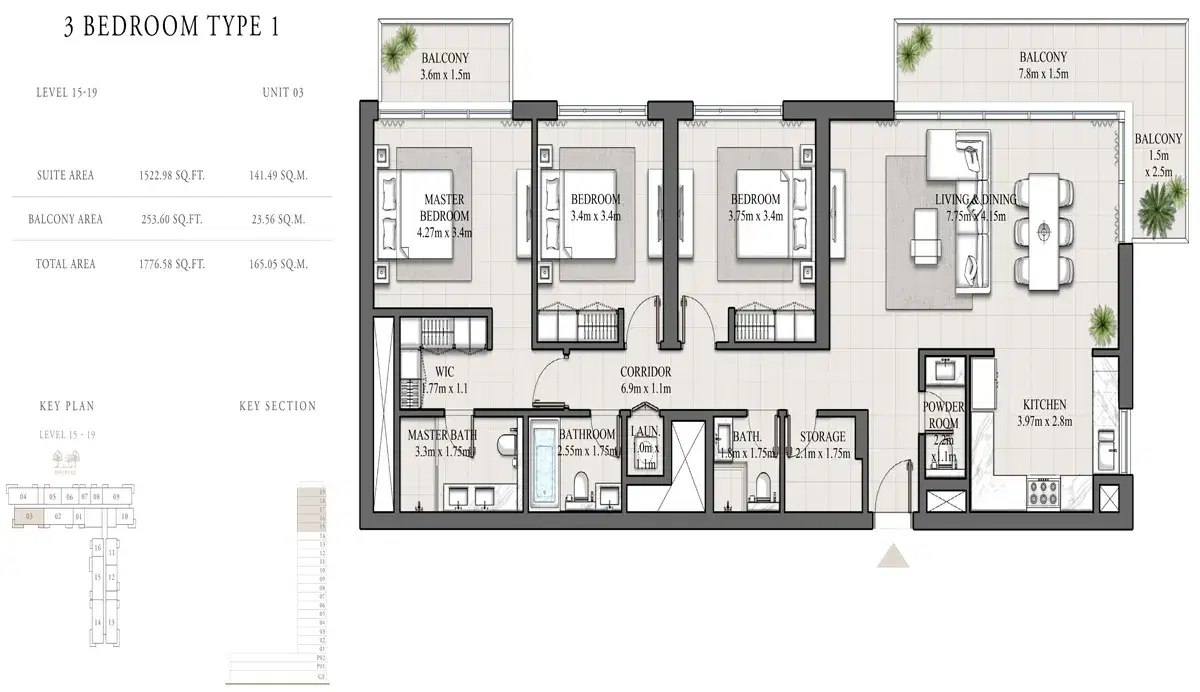 EMAAR Hills Park Dubai 3 BR Floor Plan 1,777 Sq. Ft.
