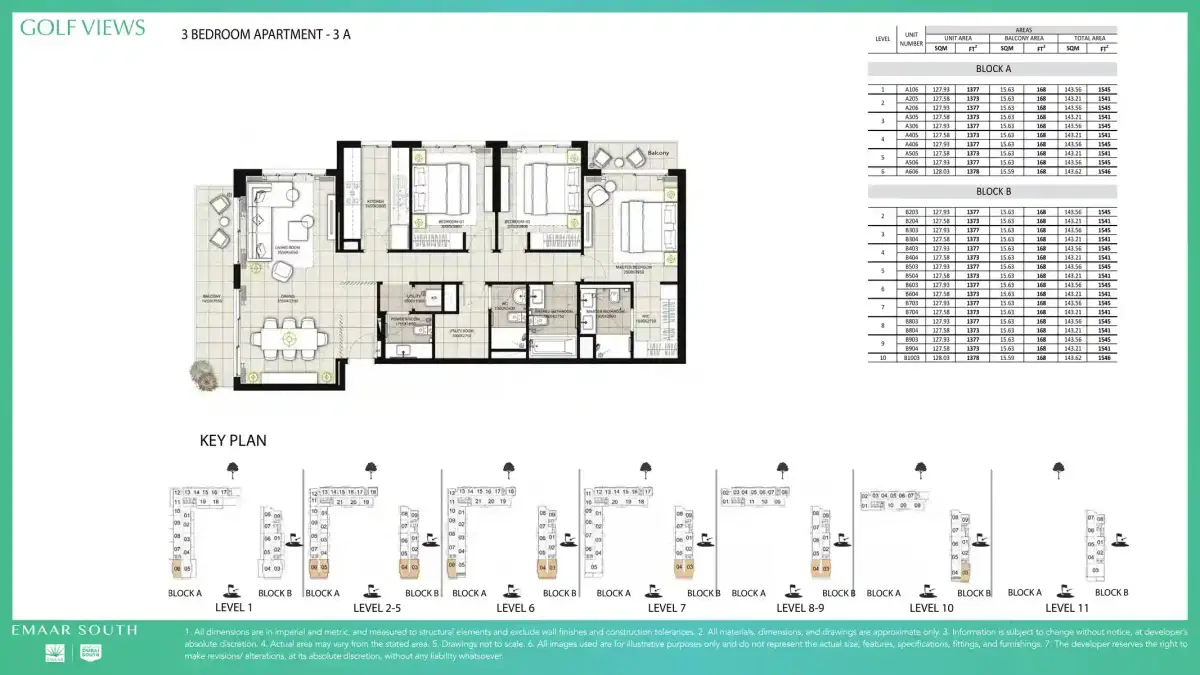 Golf Views Emaar South 3 BR Apartment Floor Plan