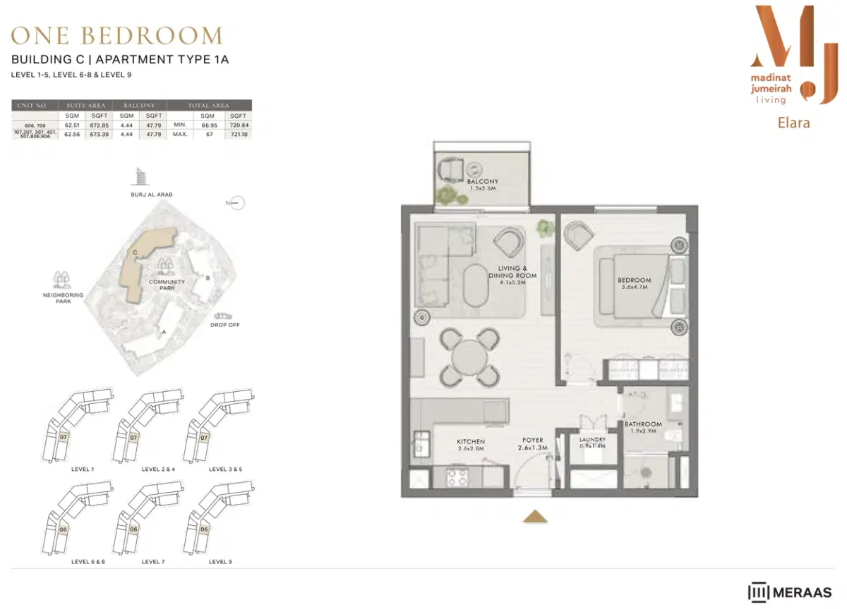 Elara At MJL Dubai 1 BR Floor Plan 721 Sq. Ft.