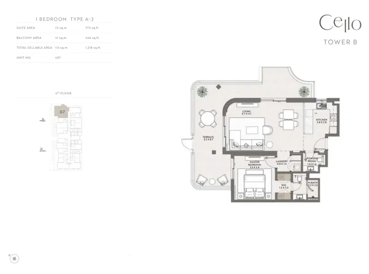 Taraf Cello Dubai Jumeirah Village Circle 1 BR Apartment Floor Plan