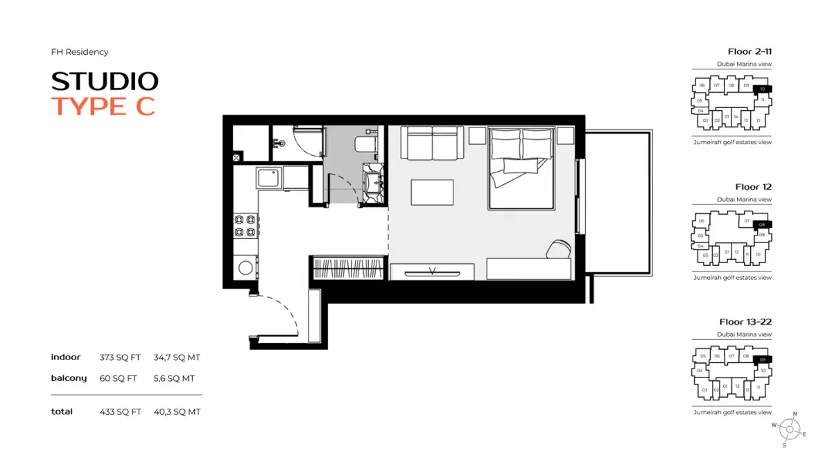 FH Residency Studios Floor Plan 433 Sq. Ft.