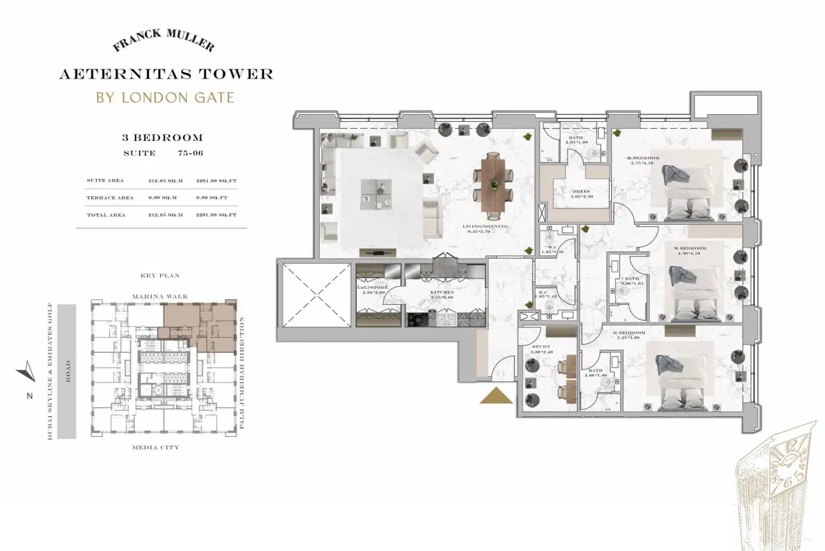 Aeternitas By London Gate Dubai Marina 3 BR Apartment Floor Plan