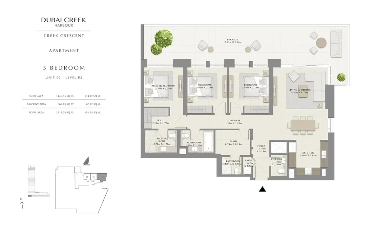 EMAAR Creek Crescent Dubai 3 BR Floor Plan 2,115 Sq. Ft.