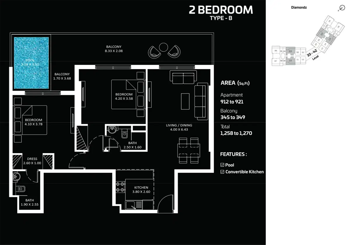 Danube Diamondz Dubai 2 BR Floor Plan 1,270 Sq. Ft.
