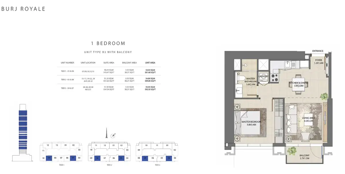 EMAAR Burj Royale Dubai 1 BR Floor Plan 592 Sq. Ft.
