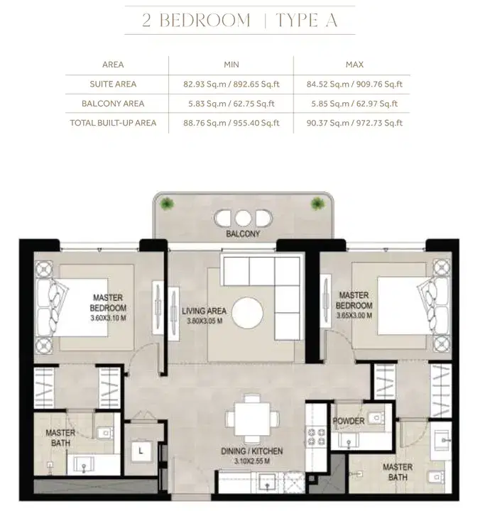NSHAMA Symphony Dubai 2 BR Floor Plan 972 Sq. Ft.