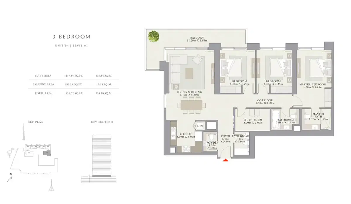 EMAAR Creek Palace Dubai 3 BR Floor Plan 1,651 Sq. Ft.