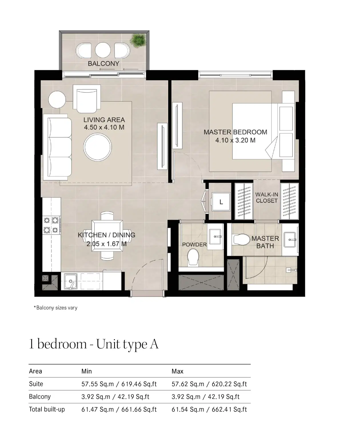 Nshama The Baltimore at Town Square Dubai 1 BR Floor Plan 661 Sq. Ft.