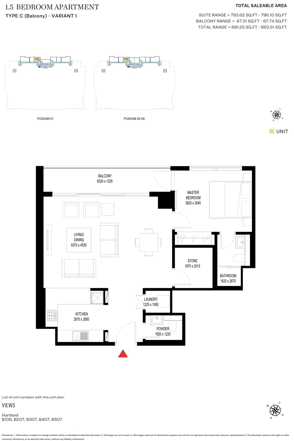 SOBHA Crest Grande Dubai 1.5 BR Floor Plan 893 Sq. Ft.