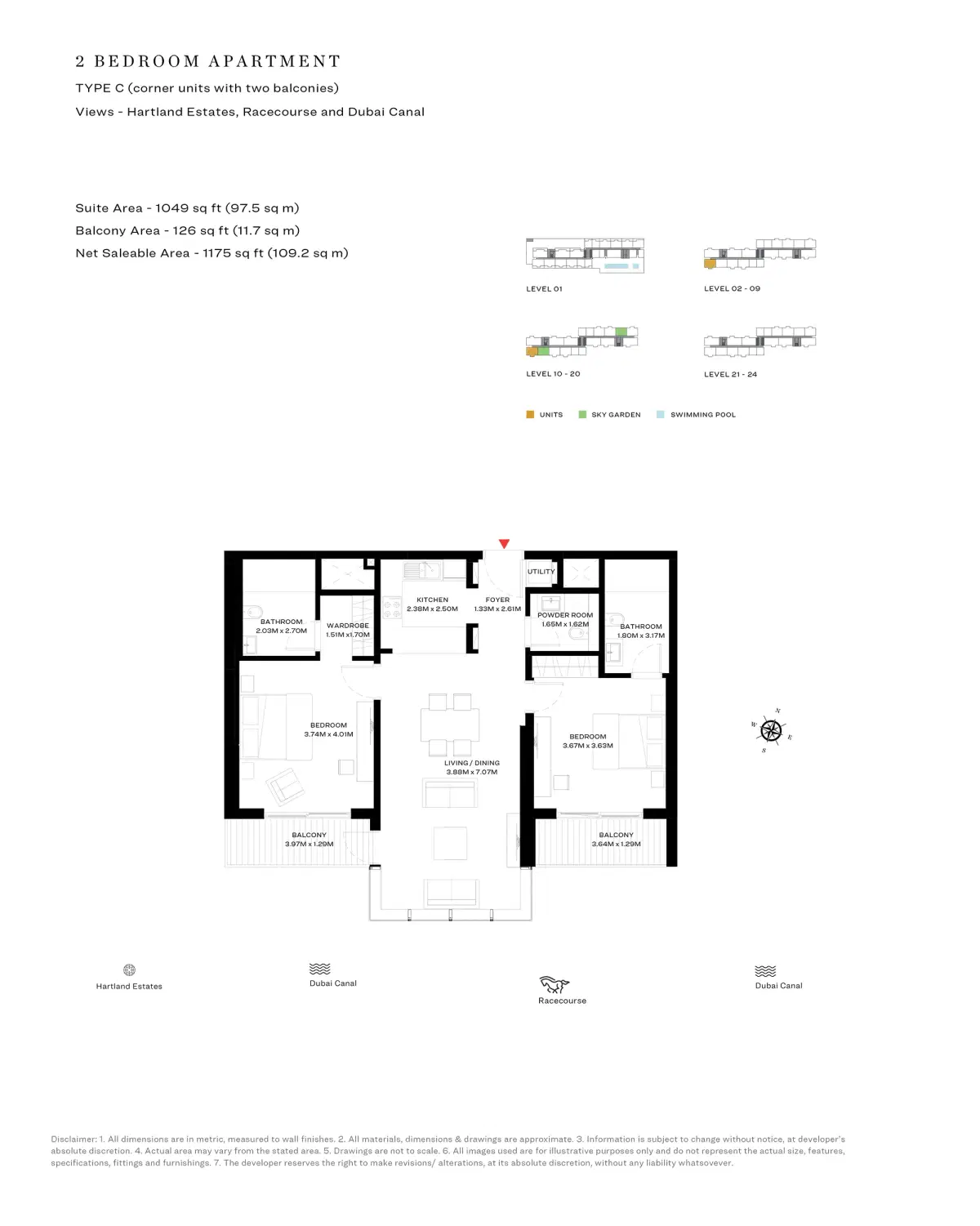 SOBHA One Park Avenue Dubai 2 BR Floor Plan 1,175 Sq. Ft.