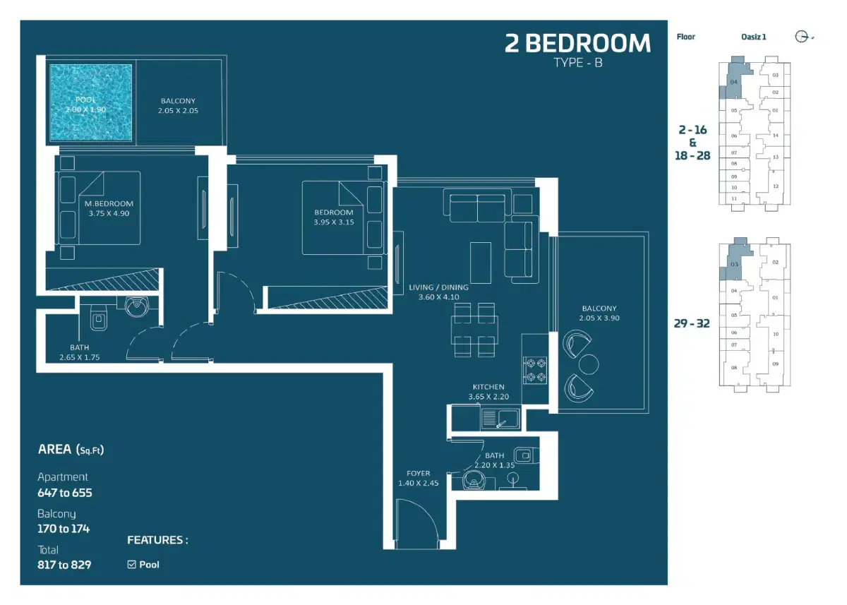 Danube Oasiz in Dubai Silicon Oasis 2 BR Floor Plan 829 Sq. Ft.