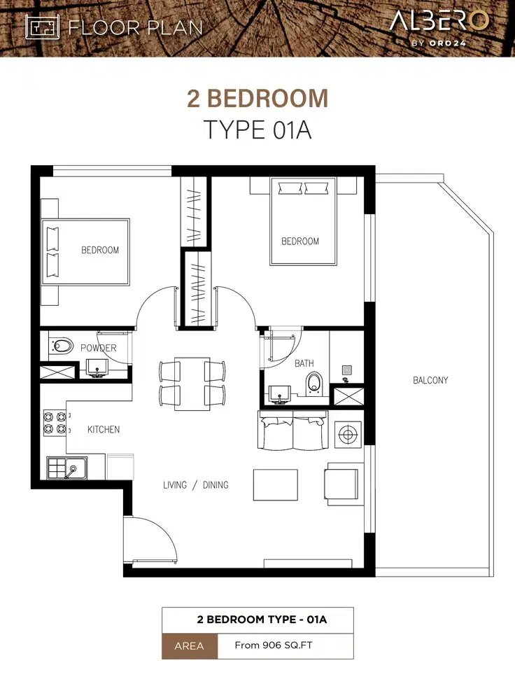 ORO24 Albero Dubai 2 BR Floor Plan 906 Sq. Ft.