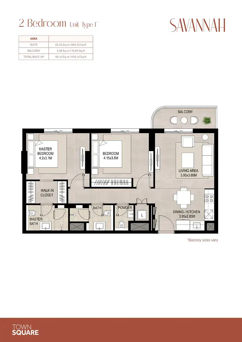Nshama Savannah Dubai 2 BR Floor Plan 970 Sq. Ft.